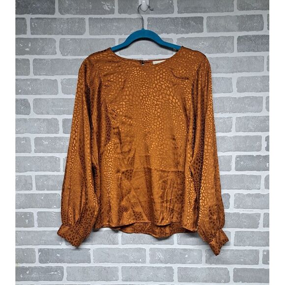 Status By Chenault Womens Burn Orange Satin Jacquard Animal Keyhole Blouse Large - Picture 1 of 15